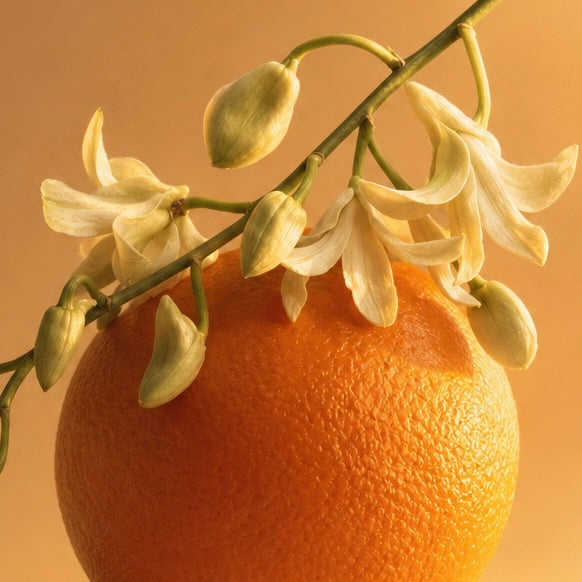 A close-up studio shot of a bright orange fruit with neroli flowers draped over it, set against a warm golden yellow background.